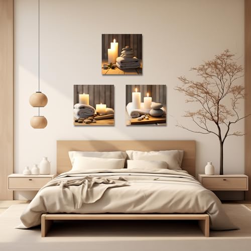 LZIMU Zen Canvas Wall Art 3 Panels Stone Candle and Bath Towel Picture Prints for SPA Meditation Room Bathroom Decor Framed (Zen-1, 20"x20"x3P) - size: 20"x20"x3P