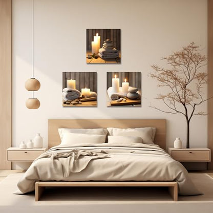 LZIMU Zen Canvas Wall Art 3 Panels Stone Candle and Bath Towel Picture Prints for SPA Meditation Room Bathroom Decor Framed (Zen-1, 20"x20"x3P) - size: 20"x20"x3P