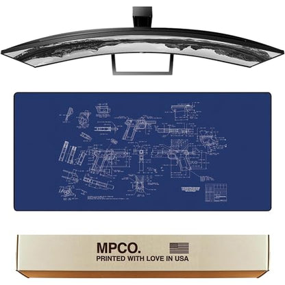 MPCO. Blueprints Large Gaming Desk Pad - 36" x 17" Duraglyde Fabric Browning 1911 – Blue Desk Mats - Non-Slip, Washable, Smooth Glide for Precision Gaming & Work - color: Duraglyde Browning 1911 – Blue