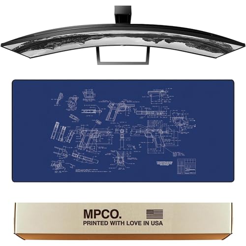 MPCO. Blueprints Large Gaming Desk Pad - 36" x 17" Duraglyde Fabric Browning 1911 – Blue Desk Mats - Non-Slip, Washable, Smooth Glide for Precision Gaming & Work - color: Duraglyde Browning 1911 – Blue
