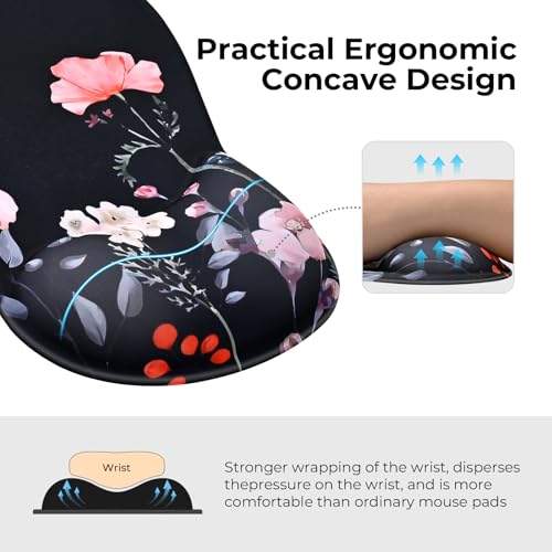 EooCoo Ergonomic Mouse Pad with Gel Wrist Rest Support Middle Concave Design, Relieve Wrist Pain Mousepad, Non-Slip Base for Laptop, Computer, Office Desk Accessories, Carpal Tunnel Syndrome - color: Black Floral
