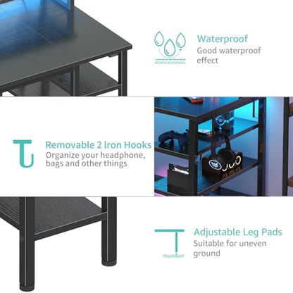 Lufeiya Gaming Desk with LED Lights and Storage Shelves, 47 inch Computer Desk with Power Outlets, Home Office Desk with Monitor Stand, Writing Table PC Desks, Black - color: Black