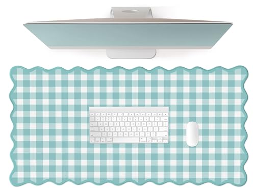Scalloped‌ Teal Green Checkered Desk Mat Cute Pastel Large Gaming Mouse Pad Gingham Kawaii Cottagecore ‌Vintage‌ Girly Keyboard Computer Mat Aesthetic Desk Pad Accessories Office Decor for Women - color: A9-teal