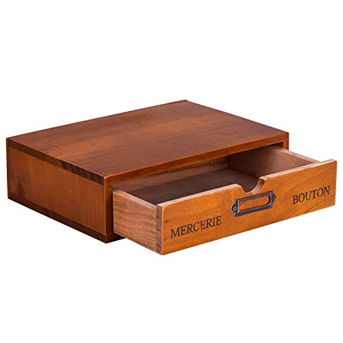 Wooden Single Drawer Unit - Solid Wood Monitor Stand for Desktop Organization and Storage - Stackable Desk Organizer - Rustic Nightstand With Label Holder - Countertop Organizer