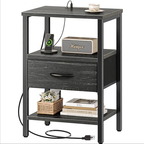 SUPERJARE Nightstand with Charging Station, Bed Side Table with Adjustable Fabric Drawer, Night Stand for Bedroom, 3-Tier Storage End Table, for Living Room, Charcoal Black Wood Grain Print - color: Charcoal Black Wood Grain Print, size: M (11.8"D x 15.7"
