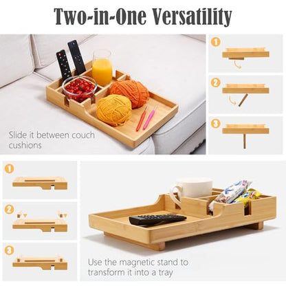 Nnewvante Couch Tray, 2-in-1 Insert & Flat Sofa Organizer Bamboo with 2 Cup Holders,Fits Seat Gaps or Ottomans,for Snacks, Drinks, Remotes,15.35x9.84-inch - color: Bamboo