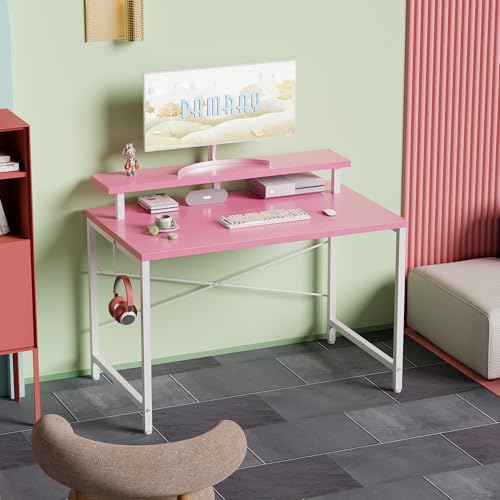 Pamray 32 Inch Small Computer Desk with Monitor Stand, Simple Office Desk with Headphone Hook for Small Spaces, Kids Study Writing Table for Bedroom, Pink - color: Pink, size: 32 Inch