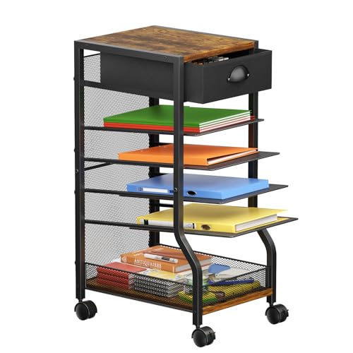 keomaisyto 6-Tier Rolling File Cart with Drawer, Under Desk Storage with Paper Letter Sliding Trays, Standing File Organizer with Wheels, Slim Workspace Organizers for Office/Home/School/Study - style: Upgrade-with Drawer