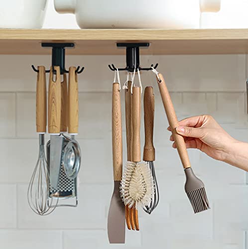 2pcs Under Cabinet Kitchen Utensil Hooks,360° Rotating Drilling Free Adhesive Utensils Hanging Rack for Tools/Towel/Knife (Black) - color: Black