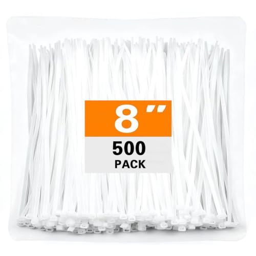 Cable Zip Ties,500 Pack 8 Inch White Zip Ties Heavy Duty Self Locking Zipties Nylon Cord Management Plastic Wire Ties for Indoor,Outdoor,Office,Home,Garden,Workshop (8"White-40LB) - size: 8"White-500PK-40LB