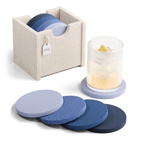 Fluxynara Felt Coasters for Drinks, Set of 8 Absorbent Coasters with Holder, Heat-Resistant & Reusable Round Design for Coffee Table & Living Room, 3.94 Inch, Denim Mist - color: Denim Mist, size: Round - 8 Count