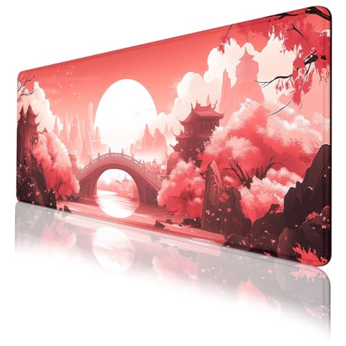 Sunset Gaming Mouse Pad Japanese Pink Red Bridge Red Maple Art Large Desk Mat with Stitched Edges,Non-Slip Waterproof Rubber Base Mouse Mat 31.5 x 11.8 Mouse Pads for Desk Home Office Gaming - color: Sunset, size: 31.5" x 11.8"