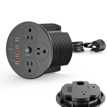 Desktop Power Grommet with 100W USB C, Double-Side Recessed Charging Station Plug in 5AC Outlets & 4 USB Ports, 4-Inch Hole Furniture Flush Mount for Countertop Black - color: Black