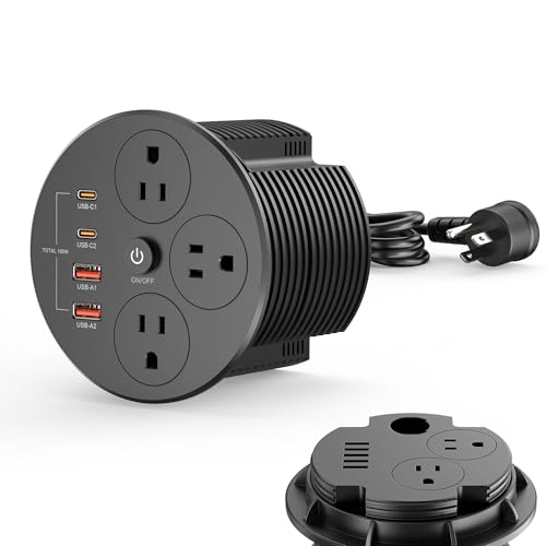 Desktop Power Grommet with 100W USB C, Double-Side Recessed Charging Station Plug in 5AC Outlets & 4 USB Ports, 4-Inch Hole Furniture Flush Mount for Countertop Black - color: Black