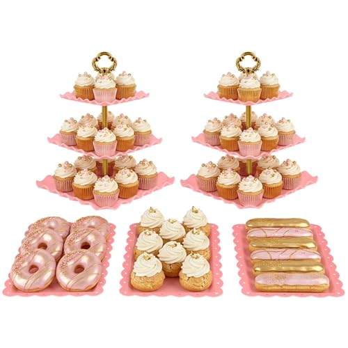 NWK 5 Piece Cake Stand Set with 2 x Large 3-Tier Cupcake Stands, 3 x Appetizer Trays, for Wedding Birthday Baby Shower Tea Party Decorations (Pink) - color: Pink