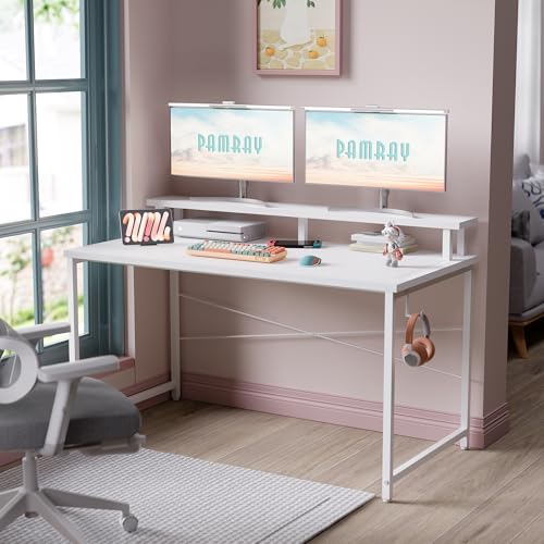 Pamray 47 Inch Small Computer Desk with Monitor Stand, Simple Office Desk with Headphone Hook for Small Spaces, Kids Study Writing Table for Bedroom, White - color: White, size: 47 Inch
