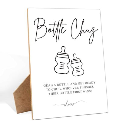 Baby Shower Game Bottle Chug Sign, 8×11 Inches Wooden Sign With Stand, Gender Neutral Tabletop Decor for Gender Reveal Party Decorations, Baby Shower Favor Supplies for Boy Girl-11 - style: Bottle Chug
