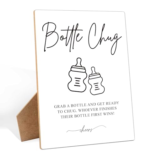 Baby Shower Game Bottle Chug Sign, 8×11 Inches Wooden Sign With Stand, Gender Neutral Tabletop Decor for Gender Reveal Party Decorations, Baby Shower Favor Supplies for Boy Girl-11 - style: Bottle Chug