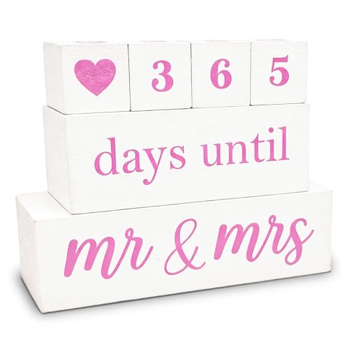 6 Pcs Wooden Engagement Gifts for Couples Wood Engagement Party Decorations Block Wedding Day Countdown Calendar Fiance Gifts for Women Future Mr Mrs Newly Engaged Couples, White - color: White