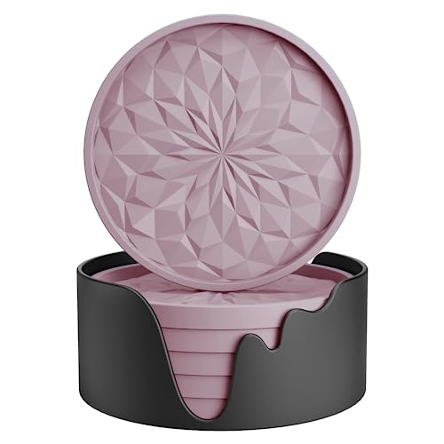 ME.FAN Silicone Coasters with Holder,[6 Pack] Drinking Coasters - Cup Mat for Hot or Cold Drinks, Thickened, Non-Slip, Non-stick,Deep Tray Pale Mauve - color: Pale Mauve