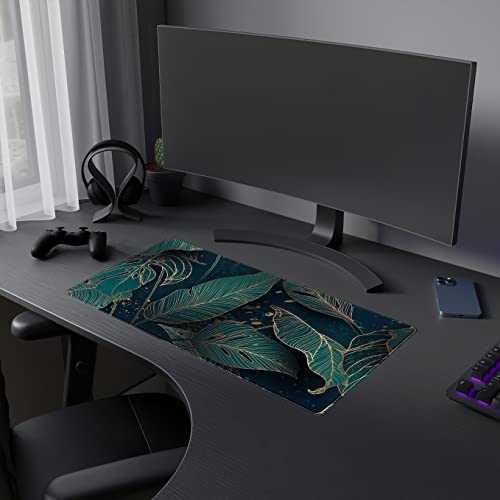 Desk Pad, Green Gold Palm Leaves Extended Gaming Mouse Pad Cute Large Desk Mat, Non-Slip Rubber Base Mousepad with Stitched Edges, Keyboard Mouse Mat Desk Pad for Game Office Home 31.5x15.75 in - color: Green Gold Palm Leaves