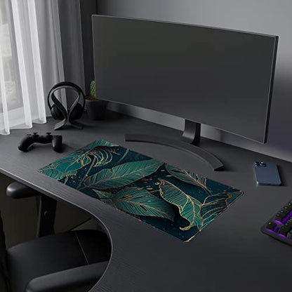 Desk Pad, Green Gold Palm Leaves Extended Gaming Mouse Pad Cute Large Desk Mat, Non-Slip Rubber Base Mousepad with Stitched Edges, Keyboard Mouse Mat Desk Pad for Game Office Home 31.5x15.75 in - color: Green Gold Palm Leaves