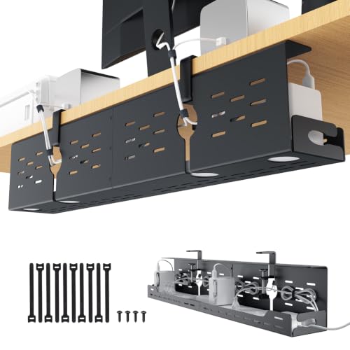 Univivi Under Desk Cable Management Tray - 32" Steel Cord Organizer, No-Drill C-Clamp & Screw Mount for Office/Home, Effortless Wire Management (Black) - color: Black, size: 32"