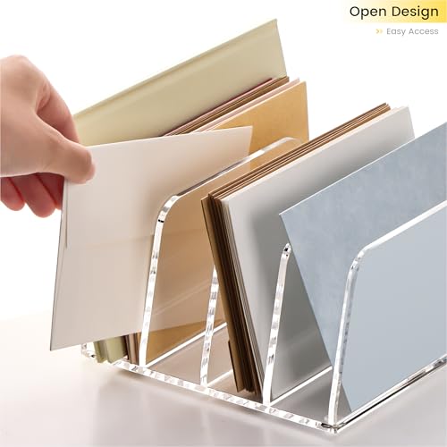 YUXUN Acrylic File Sorter,6.9"x6.6"x3.74",4 Sections Vertical Desk Organizer,Clear Mail Organizer File Holder Stand Rack Desk Accessories for Mail,Envelope,Letter,Notebook for Home/Office/Classroom - style: 4-Section,A5