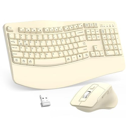Wireless Keyboard and Mouse Combo, Ergonomic Wave Keys (Latte) | 2.4G Full Size Wave Keyboard with Wrist Rest, 3-Level DPI Adjustable Ergonomic Mouse for Windows and Mac OS Desktop/Laptop/PC - color: Latte