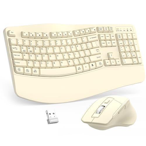 Wireless Keyboard and Mouse Combo, Ergonomic Wave Keys (Latte) | 2.4G Full Size Wave Keyboard with Wrist Rest, 3-Level DPI Adjustable Ergonomic Mouse for Windows and Mac OS Desktop/Laptop/PC - color: Latte