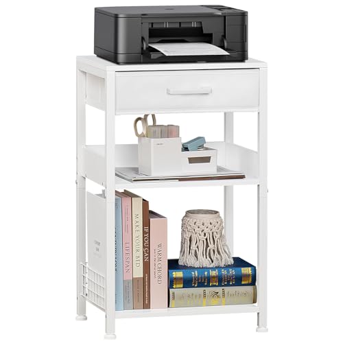 Lerliuo White Printer Stand with Fabric Drawer, 3 Tier Industrial Side Table, Modern Small Printer Desk Holder with Storage Shelf,Multi-Functional Bedside Tables for Home Office Fax Machine Scanner - color: White