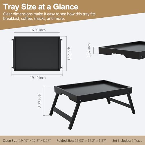 Large Breakfast Tray with Folding Legs Set of 2, 16.9" x 12.2" Bamboo Bed Tray Table with Ergonomic Wave Handles, Foldable TV Dinner Tray for Bed Couch Sofa, Breakfast, Laptop, Coffee, Black - color: Black, size: Large