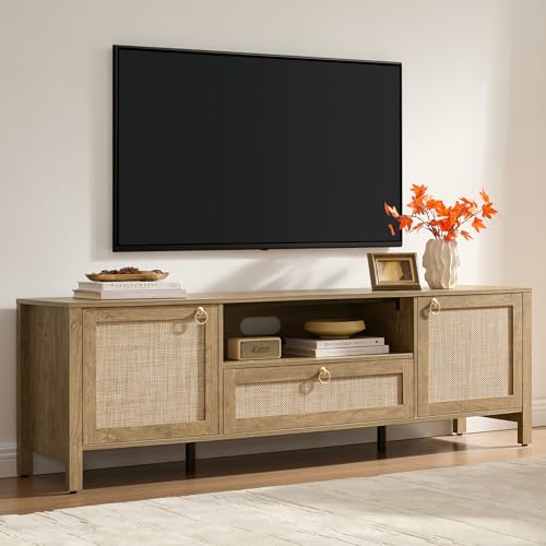 SICOTAS Rattan TV Stand for Living Room, 69" Boho TV Console Cabinet with Drawer & Adjustable Shelves, Large Entertainment Center with Storage for 55/65/75 Inch TVs