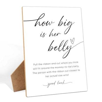 How Big Is Her Belly Sign, Measure the Belly Baby Shower Game， 8×11 Inches Wooden Sign With Stand, Gender Neutral Tabletop Decor for Gender Reveal Party, Baby Shower Decorations - style: How Big Is Her Belly