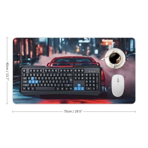 Large JDM R34 Car Mouse Pad, Red Smoke City Desk Mat, Extended Gaming Mouse Pad for Office & Home, Non-Slip Rubber Keyboard Mat Decor 29.5" x 15.7" - color: Red Car, size: 29.5" x 15.7"