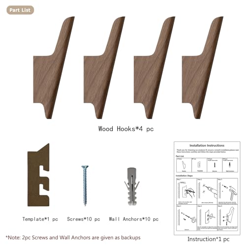Wood Wall Hooks 4 Pack Coat Hooks Wall Mount Walnut Wooden Hooks for Hanging Hat, Bag, Backpack, Rustic Coat Hooks for Wall, Wood Towel Hooks for Bathrooms and Entryway Hooks (Walnut, Light) - color: Walnut, Light