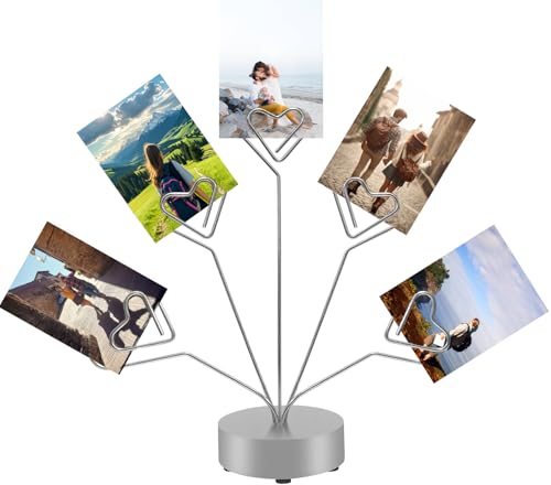 Desktop Heart-Shaped Photo Tree Style Holders Round Base,5-Branch Family Picture Frame Clips Holder Desk Card Display Stand for Christmas,Wedding, Birthday Party,Gift Silver - color: Gift Silver
