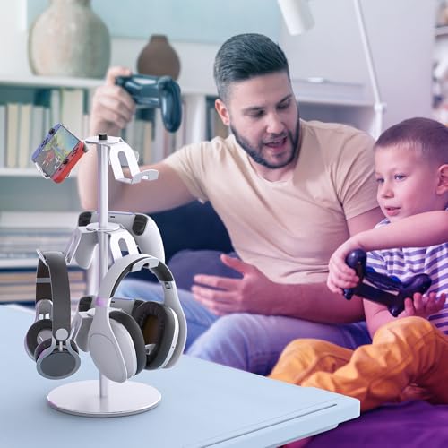Controller Stand Compatible with Xbox PS5 PS4 Nintendo Switch Pro, 3 Tier Aluminum Gaming Headset Stand, Rotatable Headphone Controller Holder Organizer Rack, Universal & Large Capacity, Silver - color: Silver