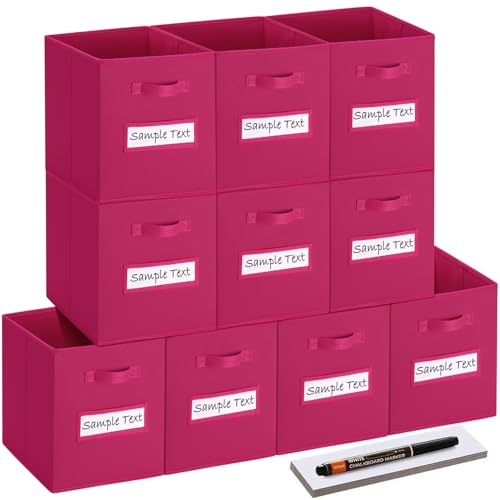 11x11 storage cube bins (Set of 10) Foldable Fabric storage cubes with 10 Labels Window Cards & a Pen,11 inch cube storage bin,Closet Organizers for Shelves,Cubby Organizer Boxes,Dark pink - color: Dark pink, size: 11"