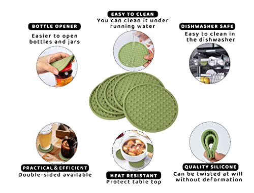 Coasters for Drinks 6 Pack Drinking Coaster with Holder,Heat Resistant Silicone Cup Mat Tabletop Protection,Non-Slip Rubber Coasters for Kinds of Cups (Green) - color: Green-metal Holder
