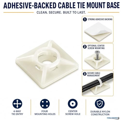 Kable Kontrol Zip Tie Mounts, 3/4” Sq, Natural White, 100 Pcs, Adhesive Backed Multi-Purpose Mounting Squares Nylon Cable Tie Wrap Anchor Pads for Cable Management - color: White, size: 3/4" Inch Square - 100 Pcs