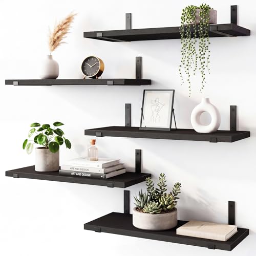 Fixwal Floating Shelves for Wall, Black Shelves Wall Mounted, Rustic Wood Wall Storage Shelves for Bedroom, Living Room, Kitchen, Bathroom, Home Decor (Set of 5 Black) - color: Black, style: 5pcs