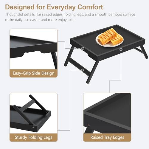 Large Breakfast Tray with Folding Legs Set of 2, 16.9" x 12.2" Bamboo Bed Tray Table with Ergonomic Wave Handles, Foldable TV Dinner Tray for Bed Couch Sofa, Breakfast, Laptop, Coffee, Black - color: Black, size: Large