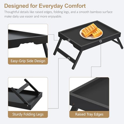 Large Breakfast Tray with Folding Legs Set of 2, 16.9" x 12.2" Bamboo Bed Tray Table with Ergonomic Wave Handles, Foldable TV Dinner Tray for Bed Couch Sofa, Breakfast, Laptop, Coffee, Black - color: Black, size: Large