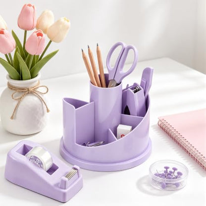 deli Office Supplies Set, Purple Desk Accessory Organizer Kit, Stapler Set, Rotating Multi-Functional Pen Holder, Tape Dispenser, Pens, Binder Clips, Sharpener, Scissor, Eraser, Purple Office Supplies - color: Purple