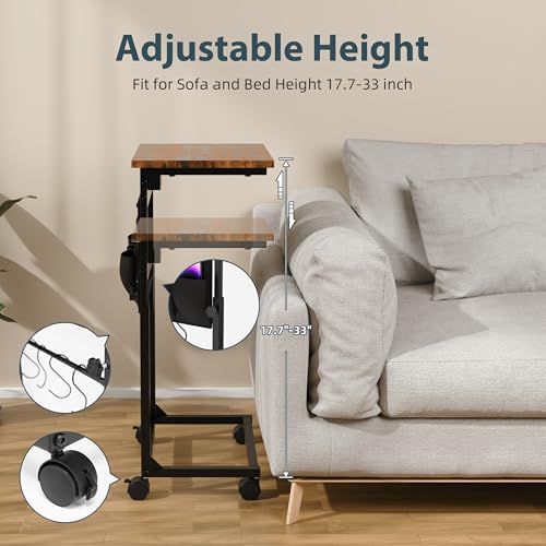 Adjustable Height Couch Table with USB-C Charging Station & Pocket Storage – Compact Couch Stand with Hooks & Wheels for Small Spaces & Living Room, Adjustable C Table (Rustic Brown) - color: Rustic Brown
