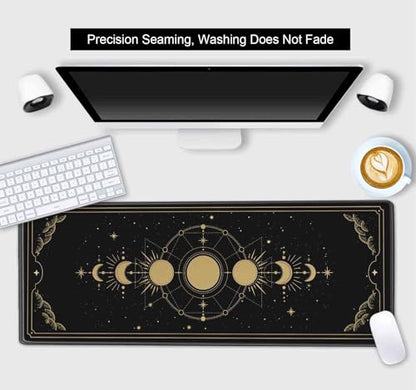 Moon Phases Large Gaming Mouse Pad, Celestial Cycle Lunar Chart Black and Gold Desk Pad, Stars in Space Horoscope Desk Mat, Mystical Astronomy Mousepad for Gamer Home&Office, 31.5x11.8 in - color: Moon Phase on Black