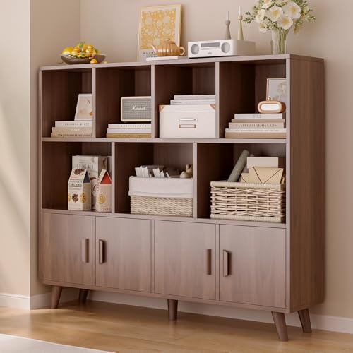 OSCHF Cubby Shelf Bookcase with Doors - Wooden 11 Cube Floor Standing Open Bookshelf with Solid Wood Legs, 3-Tier Storage Cabinet, Walnut - color: Walnut