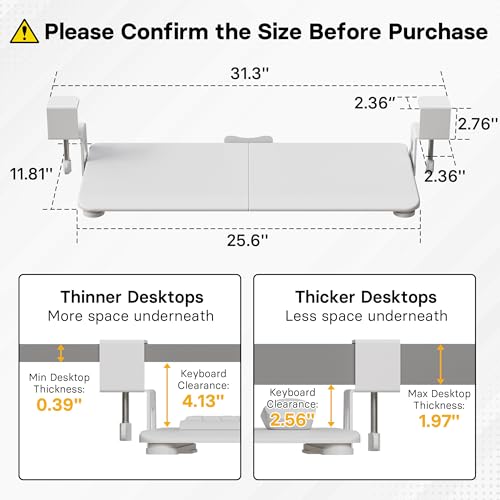 BONTEC KMT01 Under Desk Keyboard Tray, Pull-Out Keyboard & Mouse Platform with C-Clamp, 25.6 x 11.8 in Space-Saving Ergonomic Slide-Out Drawer, White - color: White, size: 25.6" x 11.8"