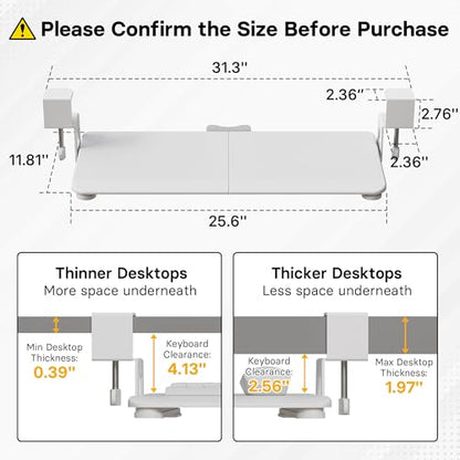 BONTEC KMT01 Under Desk Keyboard Tray, Pull-Out Keyboard & Mouse Platform with C-Clamp, 25.6 x 11.8 in Space-Saving Ergonomic Slide-Out Drawer, White - color: White, size: 25.6" x 11.8"